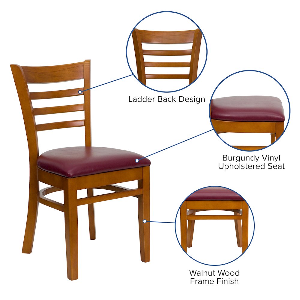 Ladder Back Cherry Wood Restaurant Chair - Burgundy Vinyl Seat. Picture 4