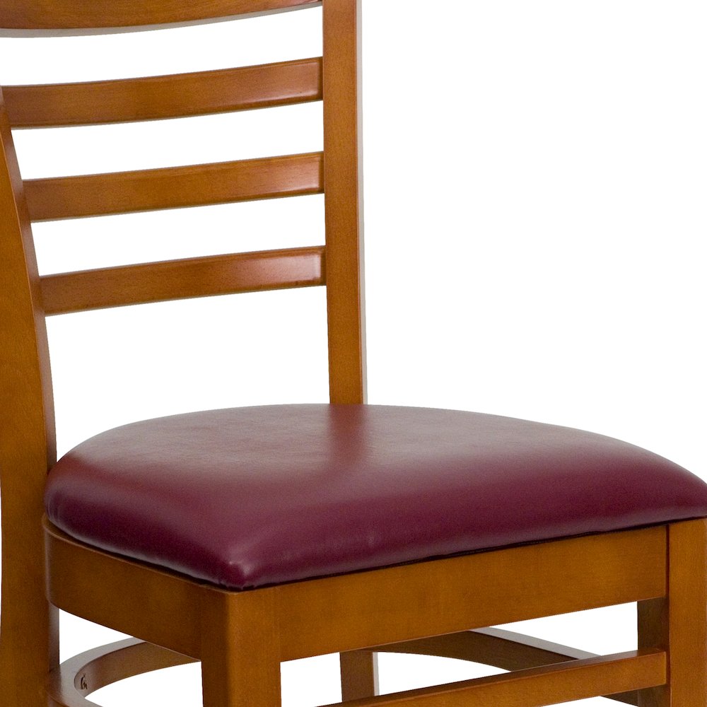 Ladder Back Cherry Wood Restaurant Chair - Burgundy Vinyl Seat. Picture 7