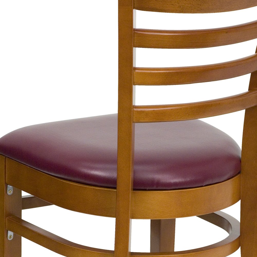 Ladder Back Cherry Wood Restaurant Chair - Burgundy Vinyl Seat. Picture 10