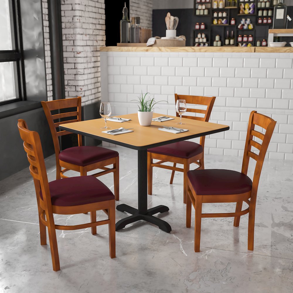Ladder Back Cherry Wood Restaurant Chair - Burgundy Vinyl Seat. Picture 5