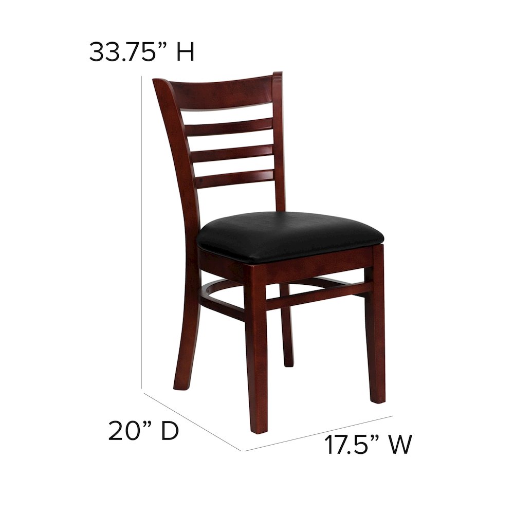 Ladder Back Mahogany Wood Restaurant Chair - Black Vinyl Seat. Picture 5