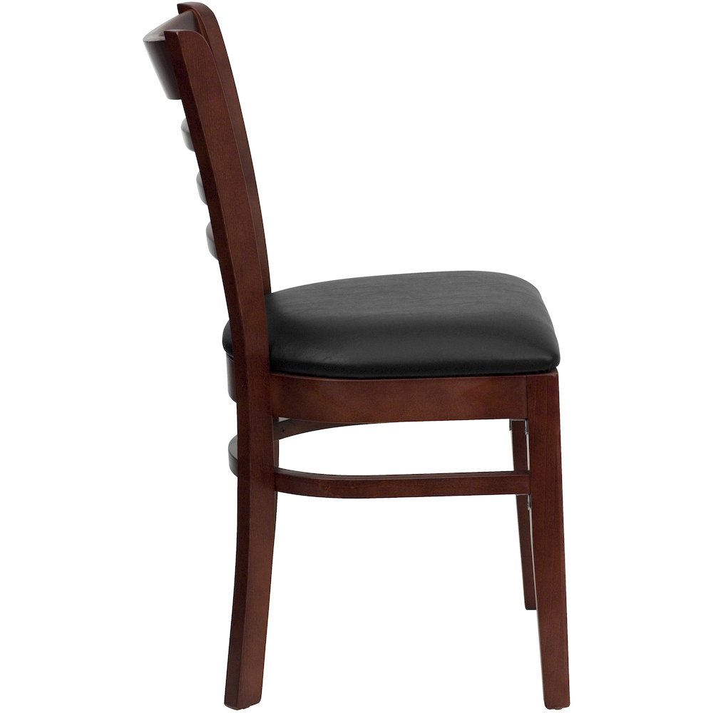 Ladder Back Mahogany Wood Restaurant Chair - Black Vinyl Seat. Picture 8