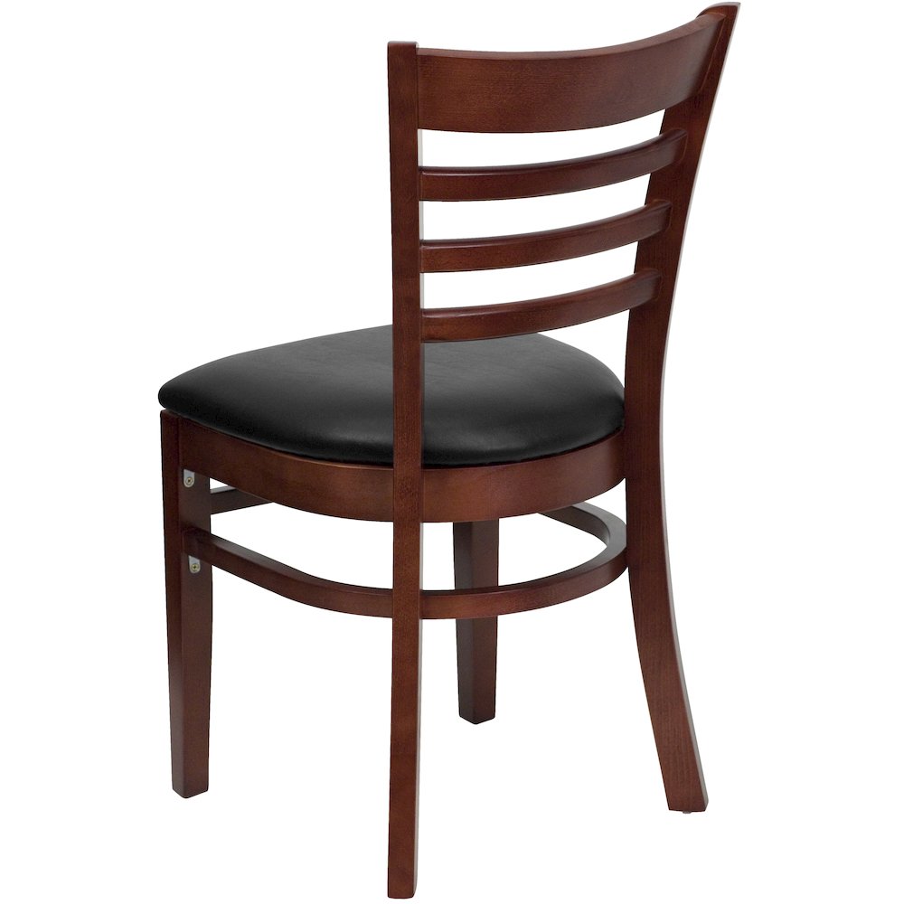 Ladder Back Mahogany Wood Restaurant Chair - Black Vinyl Seat. Picture 6