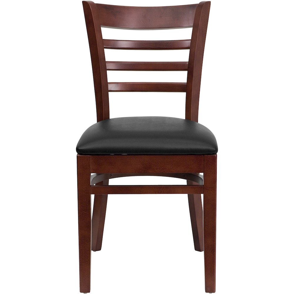 Ladder Back Mahogany Wood Restaurant Chair - Black Vinyl Seat. Picture 9
