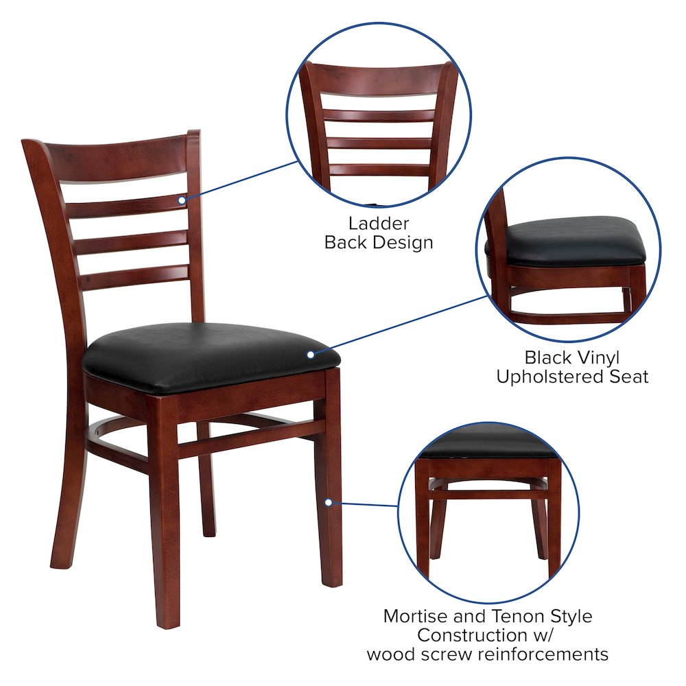 Ladder Back Mahogany Wood Restaurant Chair - Black Vinyl Seat. Picture 4
