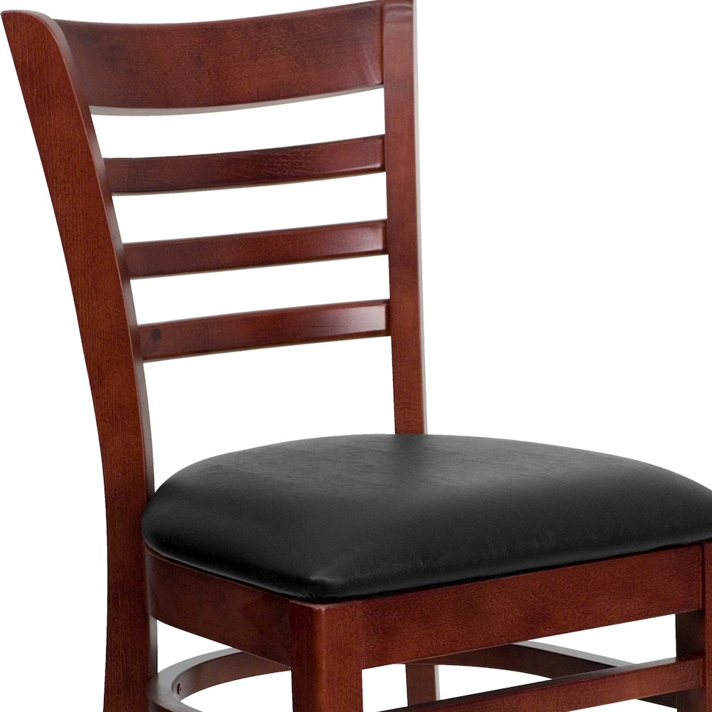 Ladder Back Mahogany Wood Restaurant Chair - Black Vinyl Seat. Picture 10