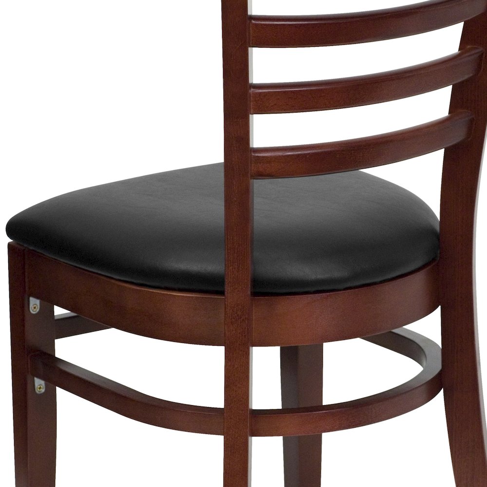 Ladder Back Mahogany Wood Restaurant Chair - Black Vinyl Seat. Picture 7