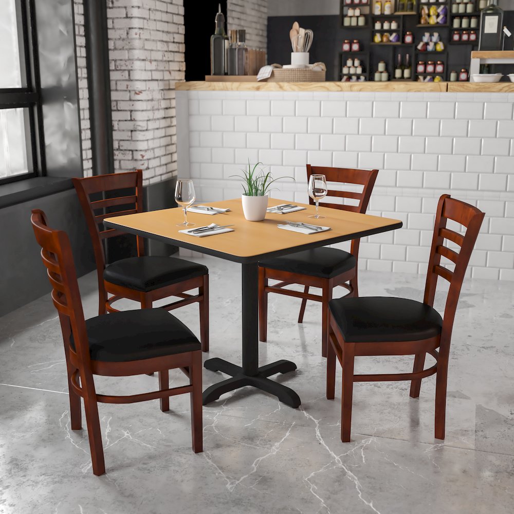 Ladder Back Mahogany Wood Restaurant Chair - Black Vinyl Seat. Picture 2