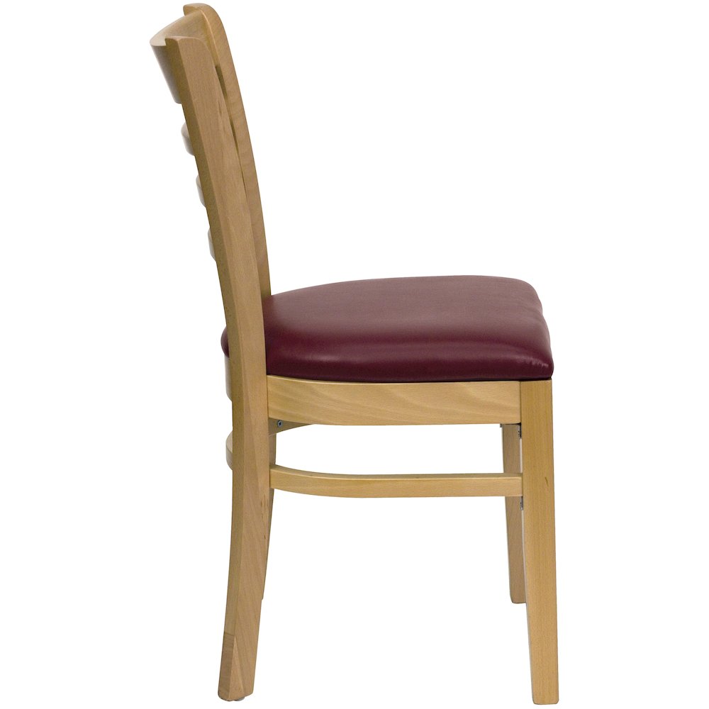 Ladder Back Natural Wood Restaurant Chair - Burgundy Vinyl Seat. Picture 2