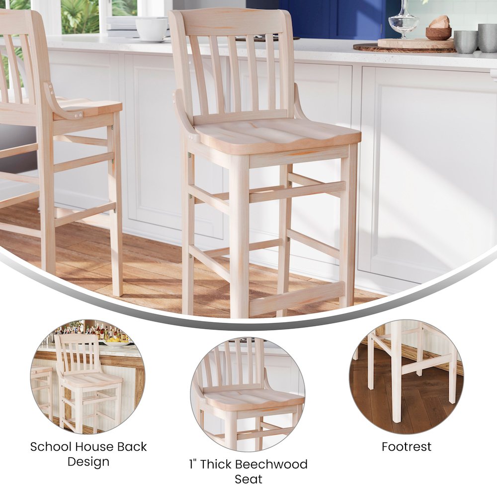 HERCULES School House Back Antique White Wood Restaurant Barstool. Picture 4