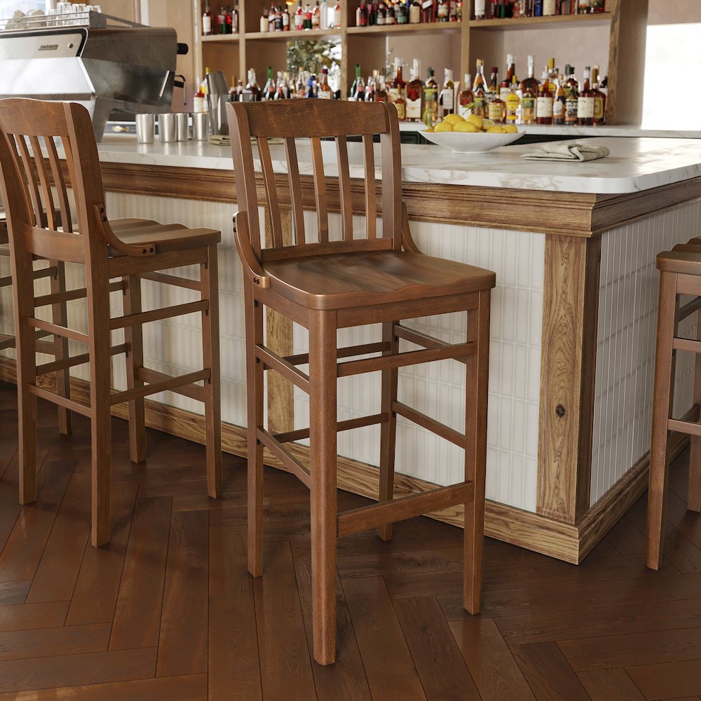 School House Back Walnut Wood Restaurant Barstool. Picture 7