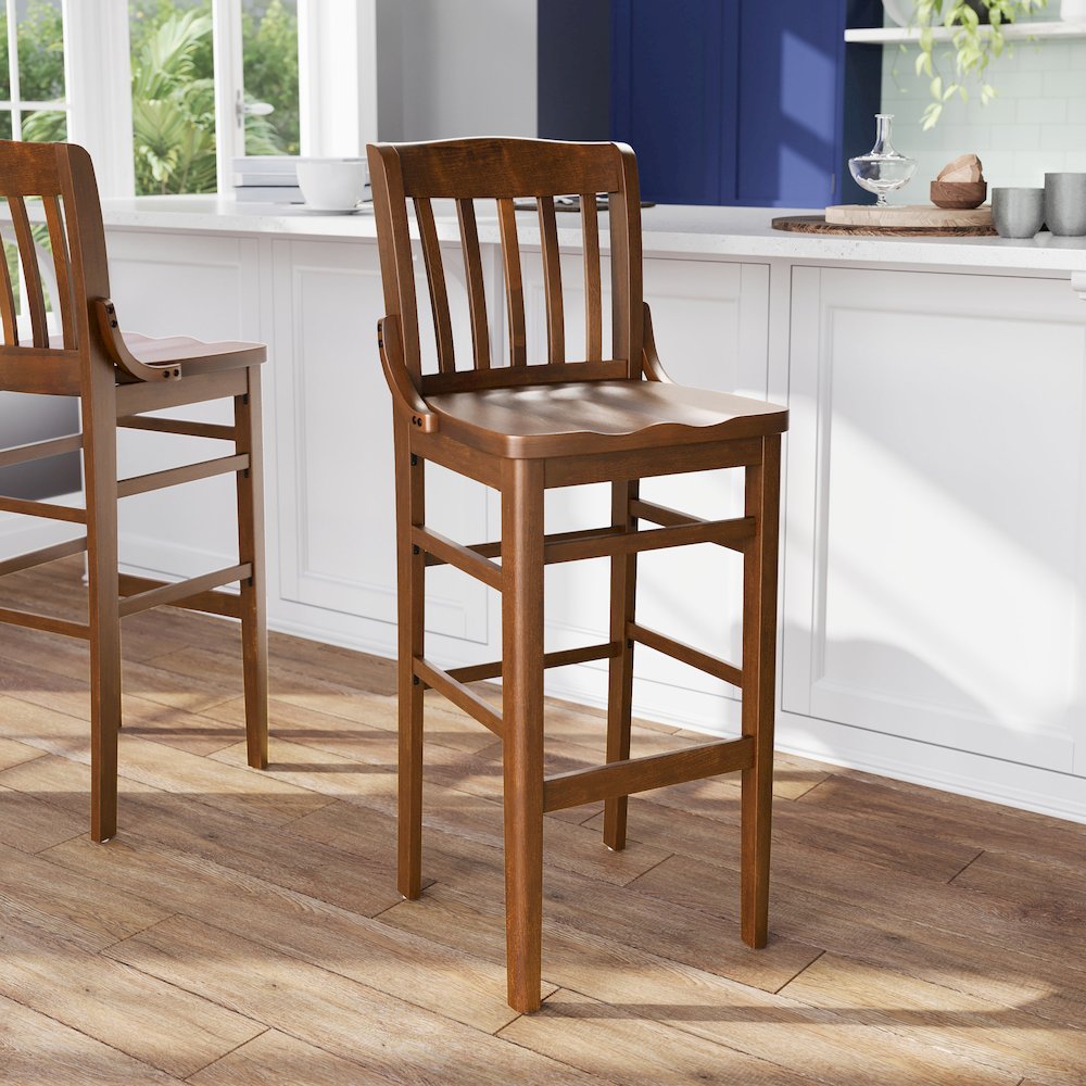 School House Back Walnut Wood Restaurant Barstool. Picture 2