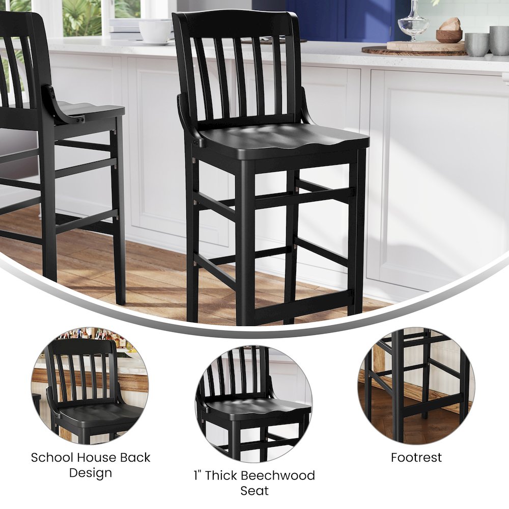 HERCULES School House Back Black Wood Restaurant Barstool. Picture 4