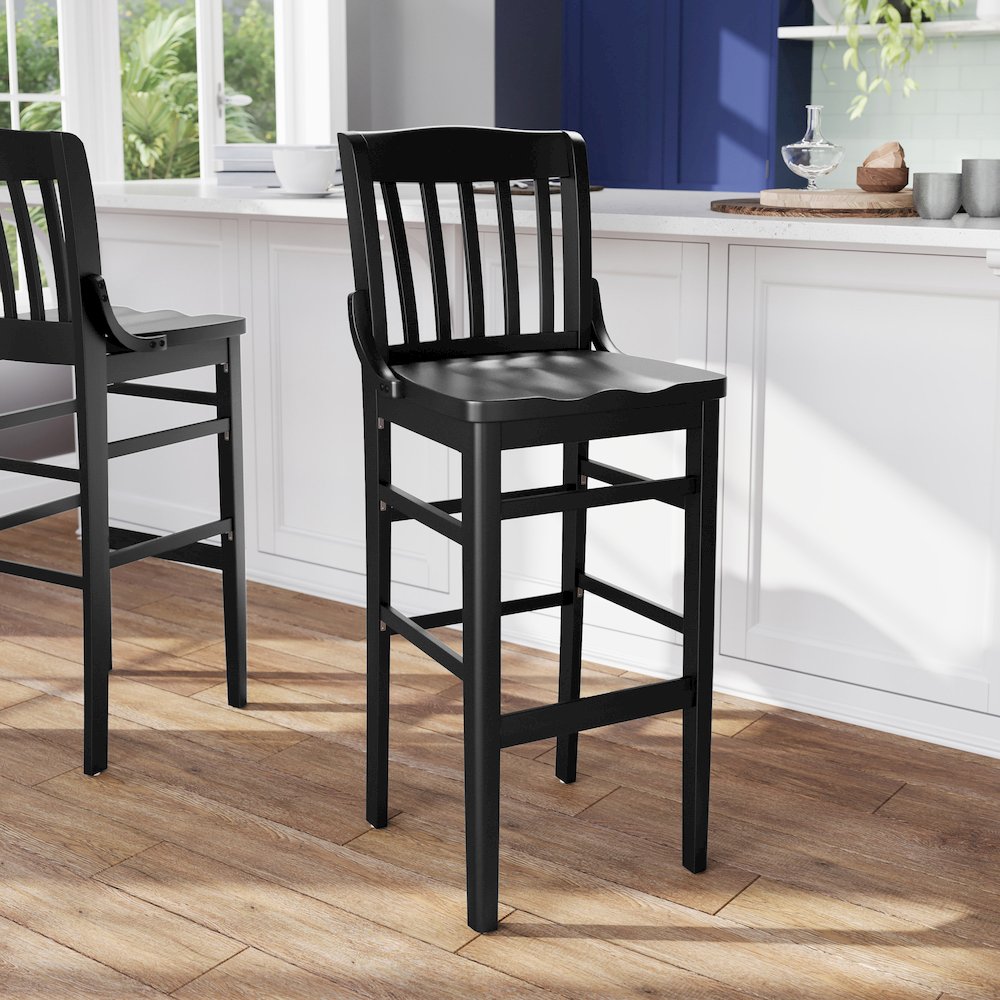 HERCULES School House Back Black Wood Restaurant Barstool. Picture 6