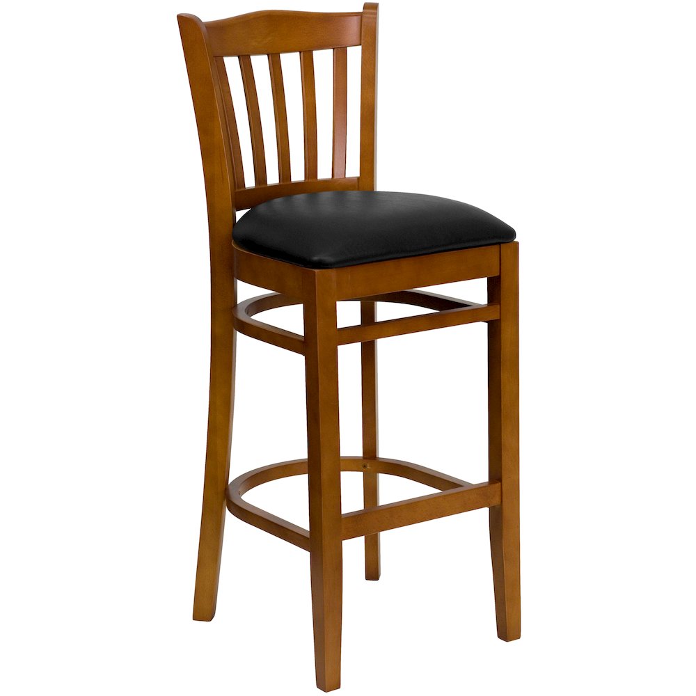 Vertical Slat Back Cherry Wood Restaurant Barstool - Black Vinyl Seat. Picture 1