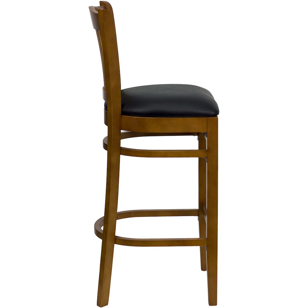 Vertical Slat Back Cherry Wood Restaurant Barstool - Black Vinyl Seat. Picture 2
