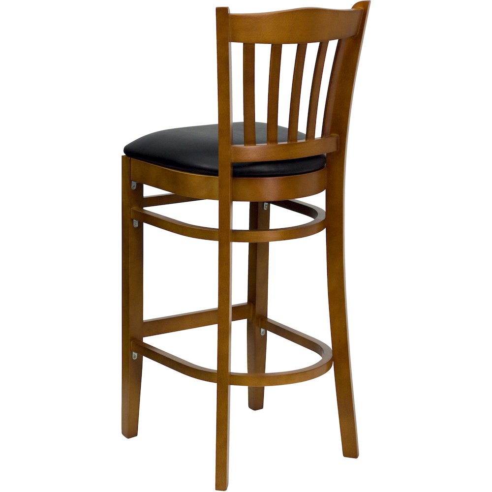 Vertical Slat Back Cherry Wood Restaurant Barstool - Black Vinyl Seat. Picture 3