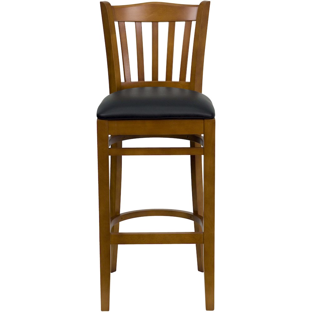 Vertical Slat Back Cherry Wood Restaurant Barstool - Black Vinyl Seat. Picture 4