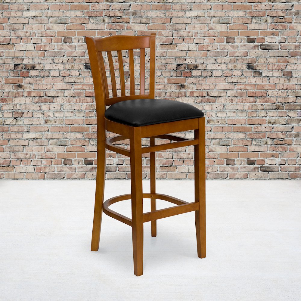 Vertical Slat Back Cherry Wood Restaurant Barstool - Black Vinyl Seat. Picture 5