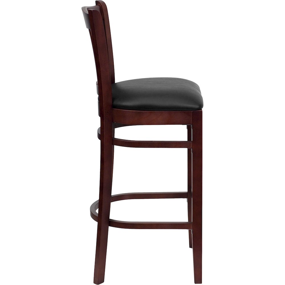 Vertical Slat Back Mahogany Wood Restaurant Barstool - Black Vinyl Seat. Picture 2