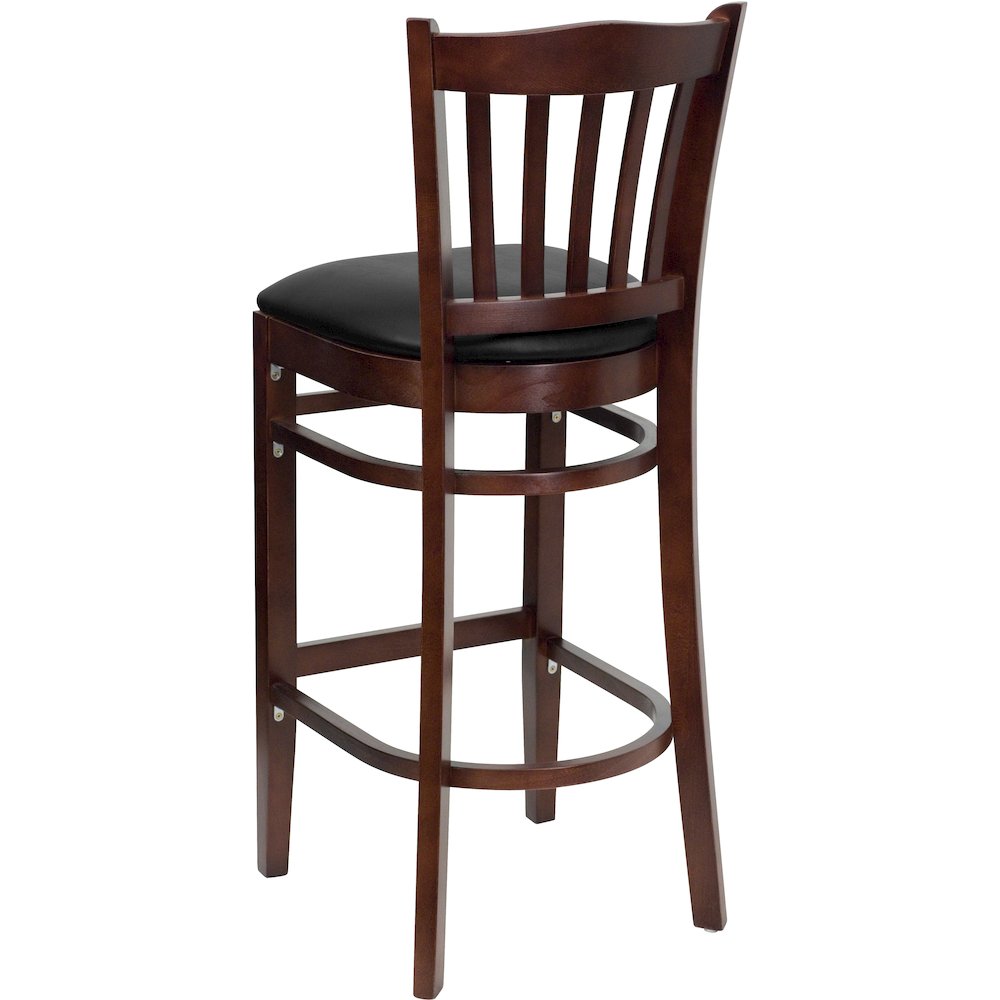 Vertical Slat Back Mahogany Wood Restaurant Barstool - Black Vinyl Seat. Picture 3