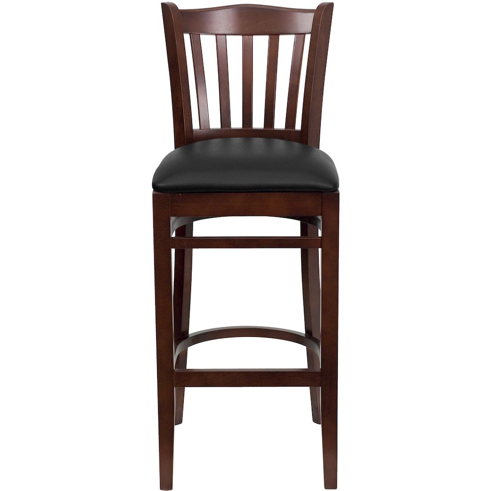 Vertical Slat Back Mahogany Wood Restaurant Barstool - Black Vinyl Seat. Picture 4