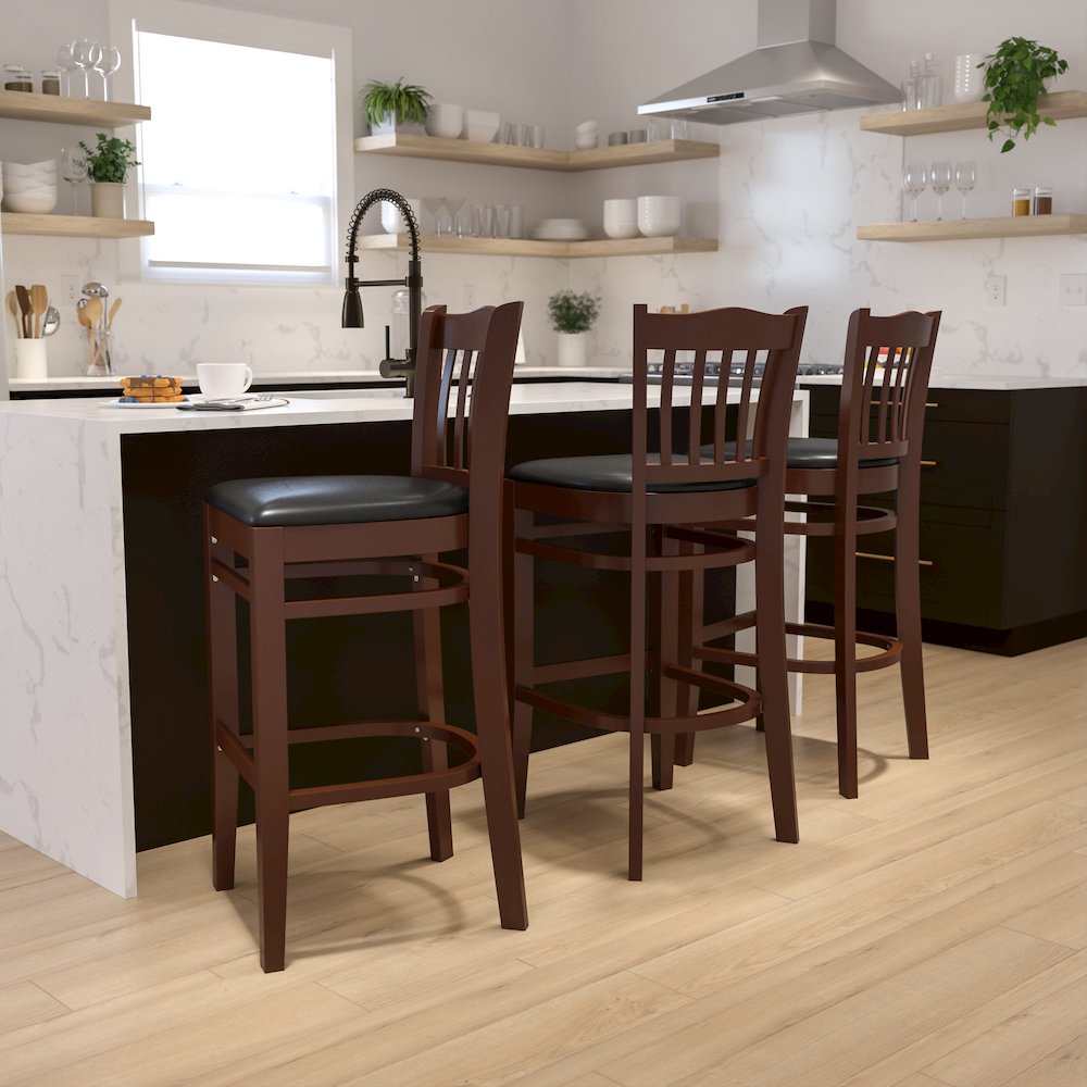 Vertical Slat Back Mahogany Wood Restaurant Barstool - Black Vinyl Seat. Picture 5