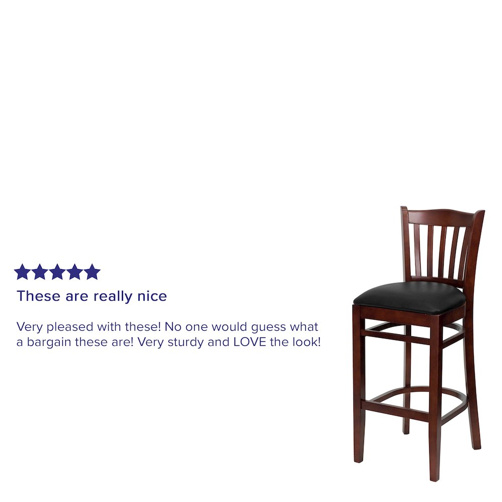 Vertical Slat Back Mahogany Wood Restaurant Barstool - Black Vinyl Seat. Picture 6
