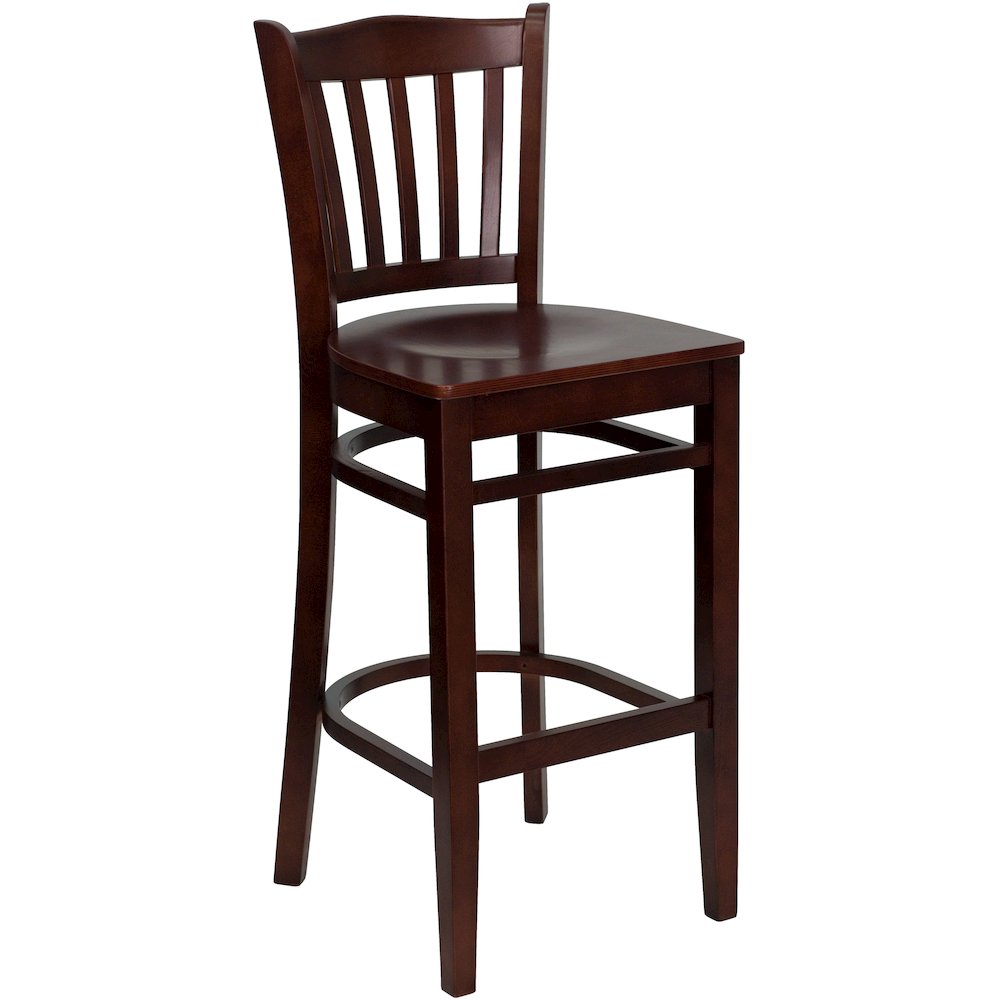 Vertical Slat Back Mahogany Wood Restaurant Barstool. Picture 1