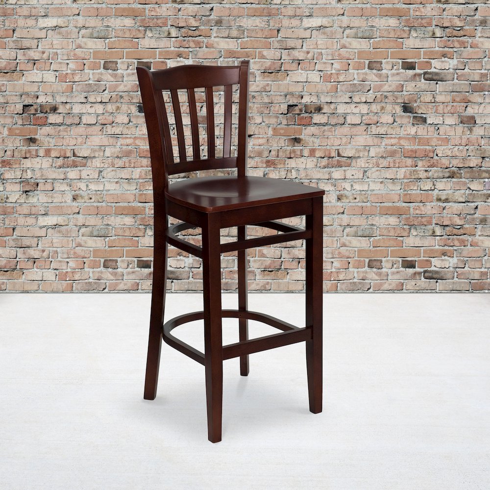 Vertical Slat Back Mahogany Wood Restaurant Barstool. Picture 5