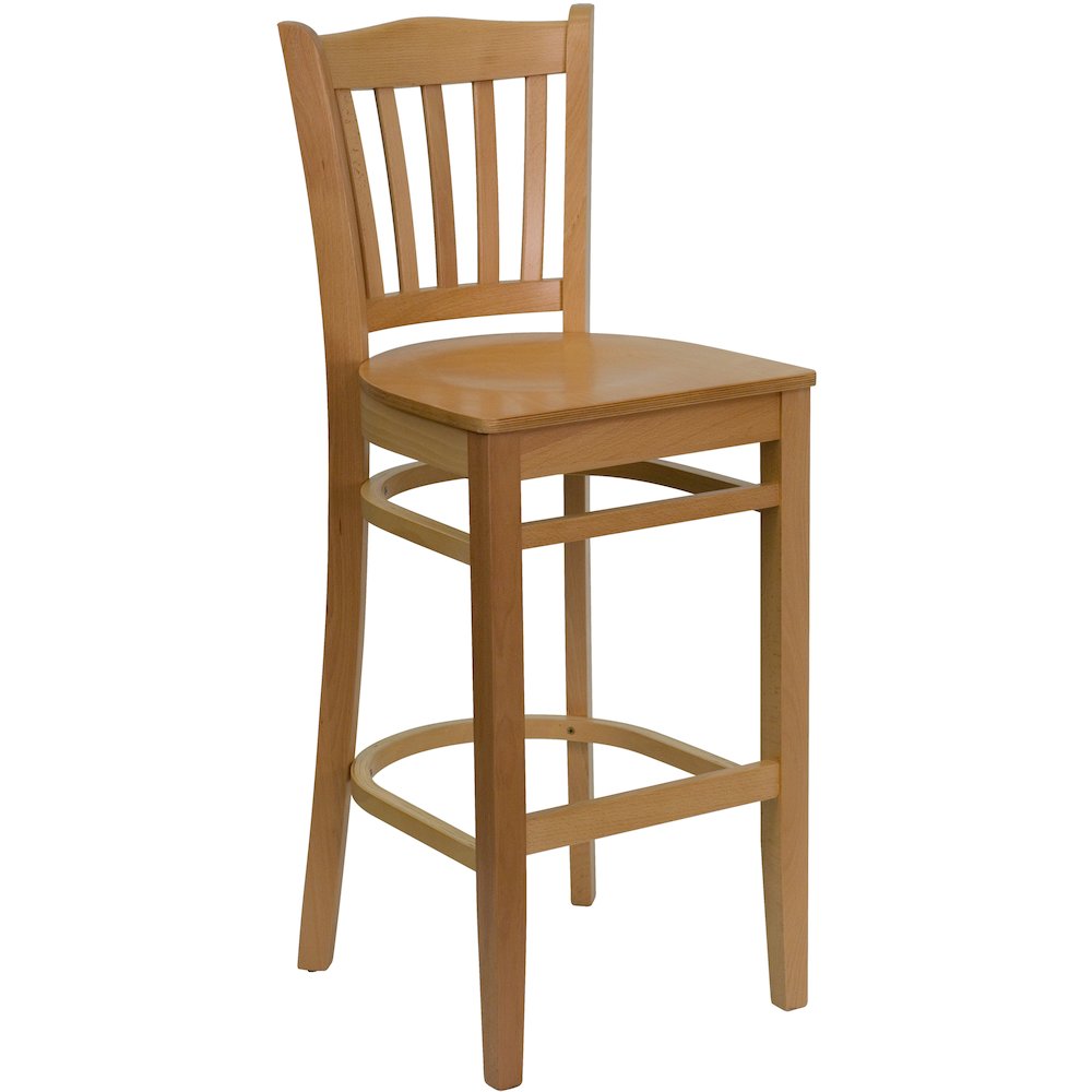 Vertical Slat Back Natural Wood Restaurant Barstool. Picture 1