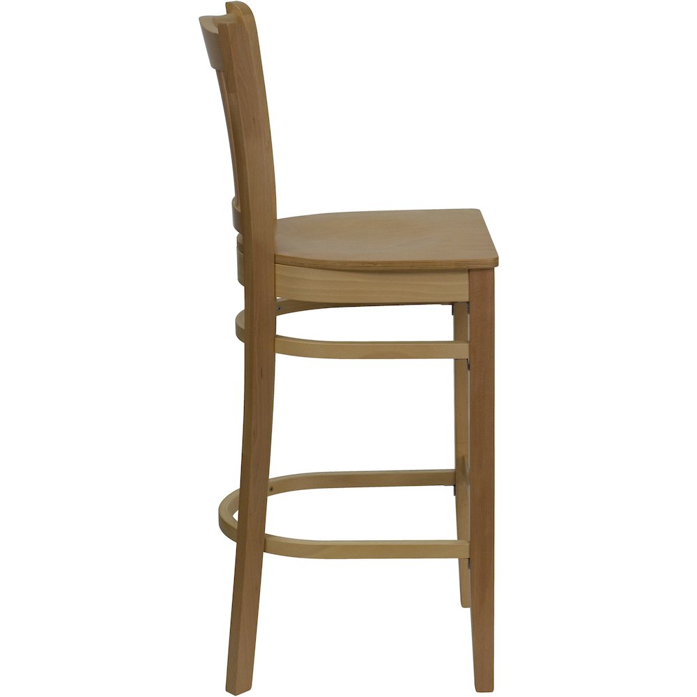 Vertical Slat Back Natural Wood Restaurant Barstool. Picture 2