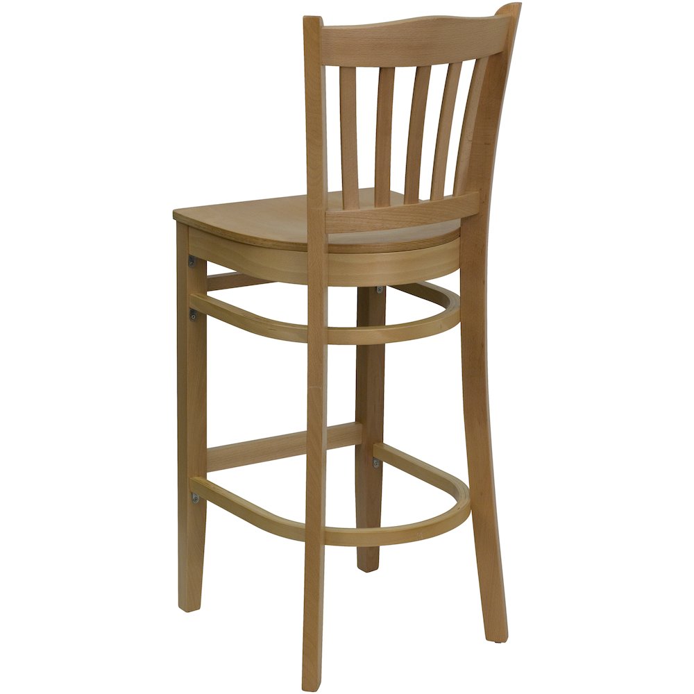 Vertical Slat Back Natural Wood Restaurant Barstool. Picture 3