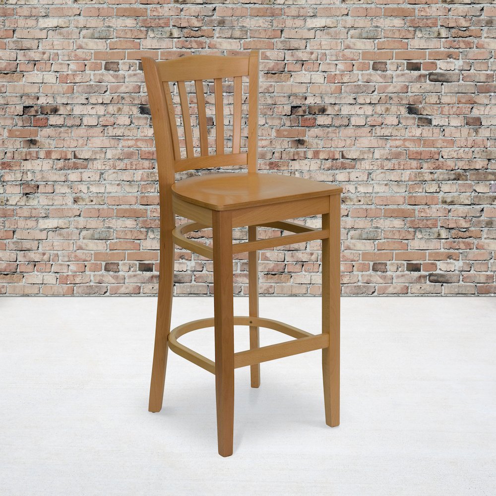 Vertical Slat Back Natural Wood Restaurant Barstool. Picture 5