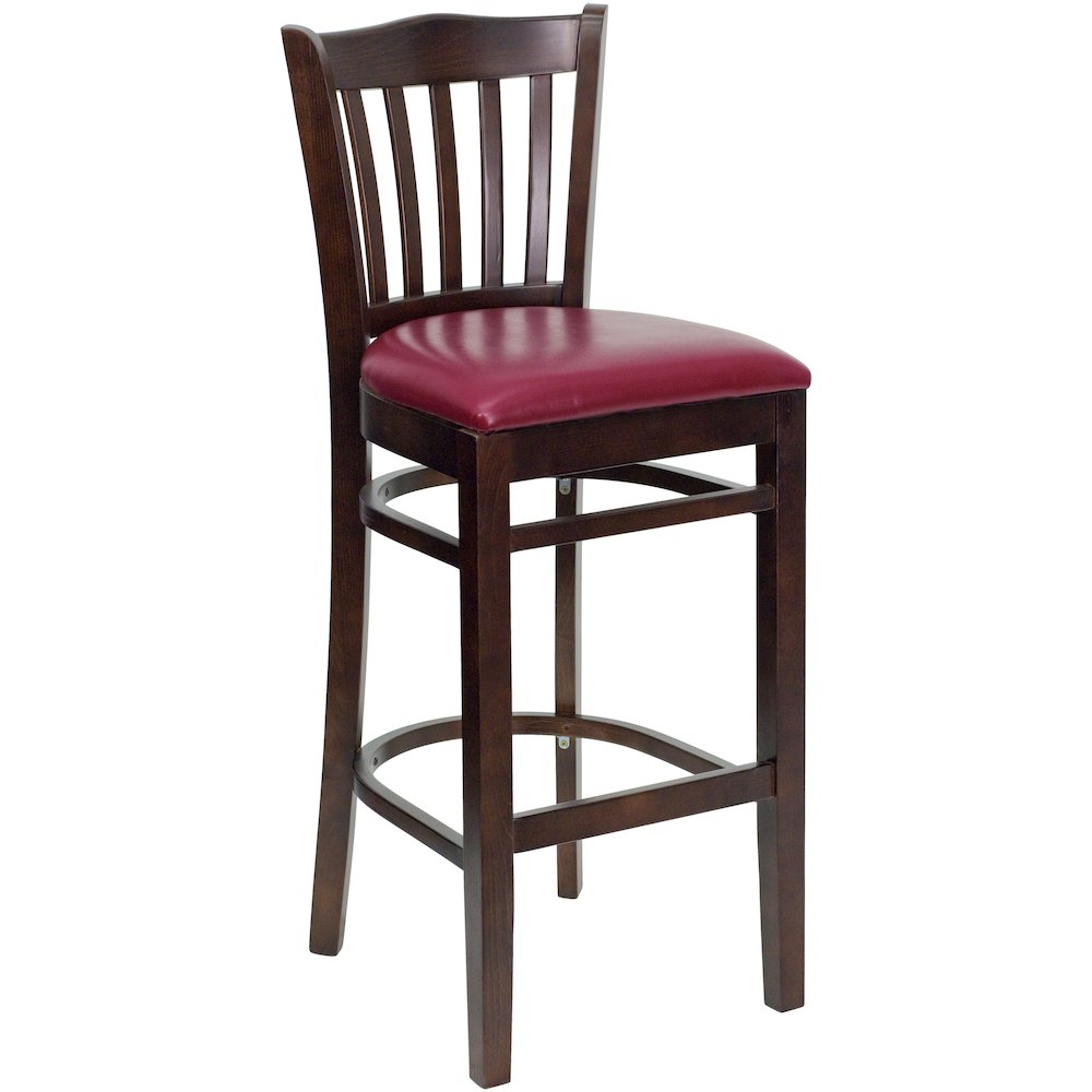 Vertical Slat Back Walnut Wood Restaurant Barstool - Burgundy Vinyl Seat. Picture 1