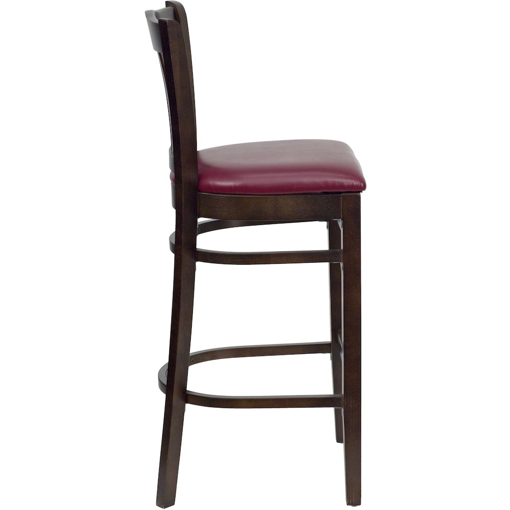 Vertical Slat Back Walnut Wood Restaurant Barstool - Burgundy Vinyl Seat. Picture 5