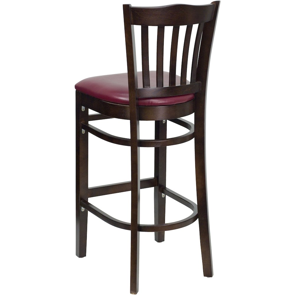 Vertical Slat Back Walnut Wood Restaurant Barstool - Burgundy Vinyl Seat. Picture 4
