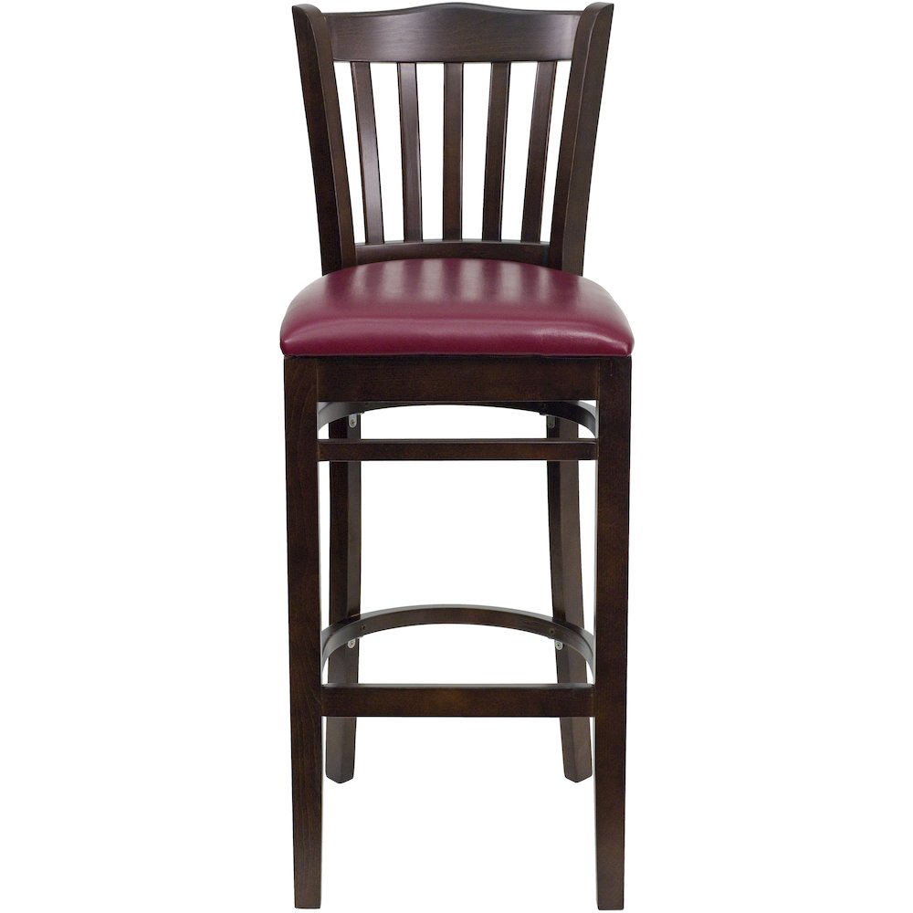 Vertical Slat Back Walnut Wood Restaurant Barstool - Burgundy Vinyl Seat. Picture 6