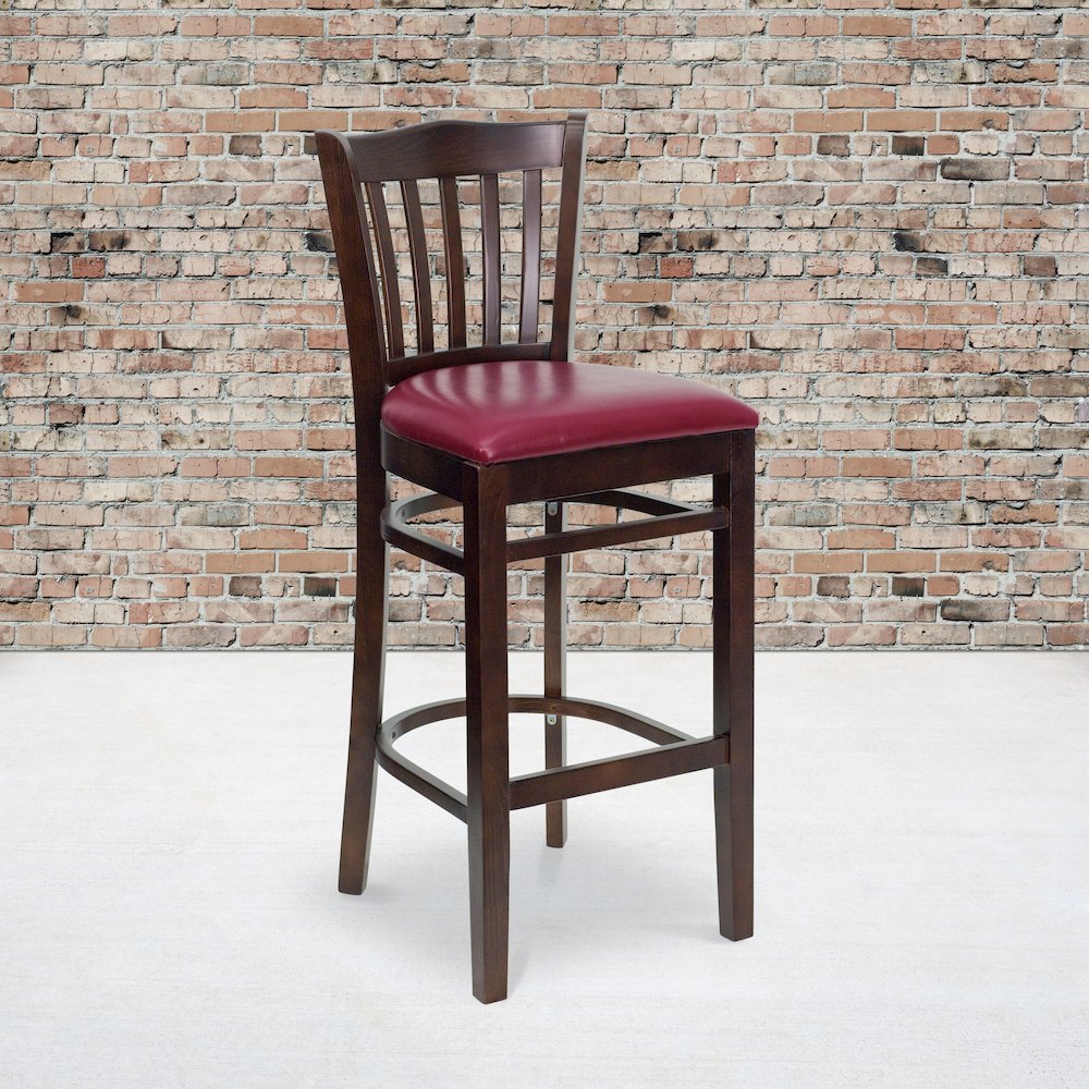 Vertical Slat Back Walnut Wood Restaurant Barstool - Burgundy Vinyl Seat. Picture 2