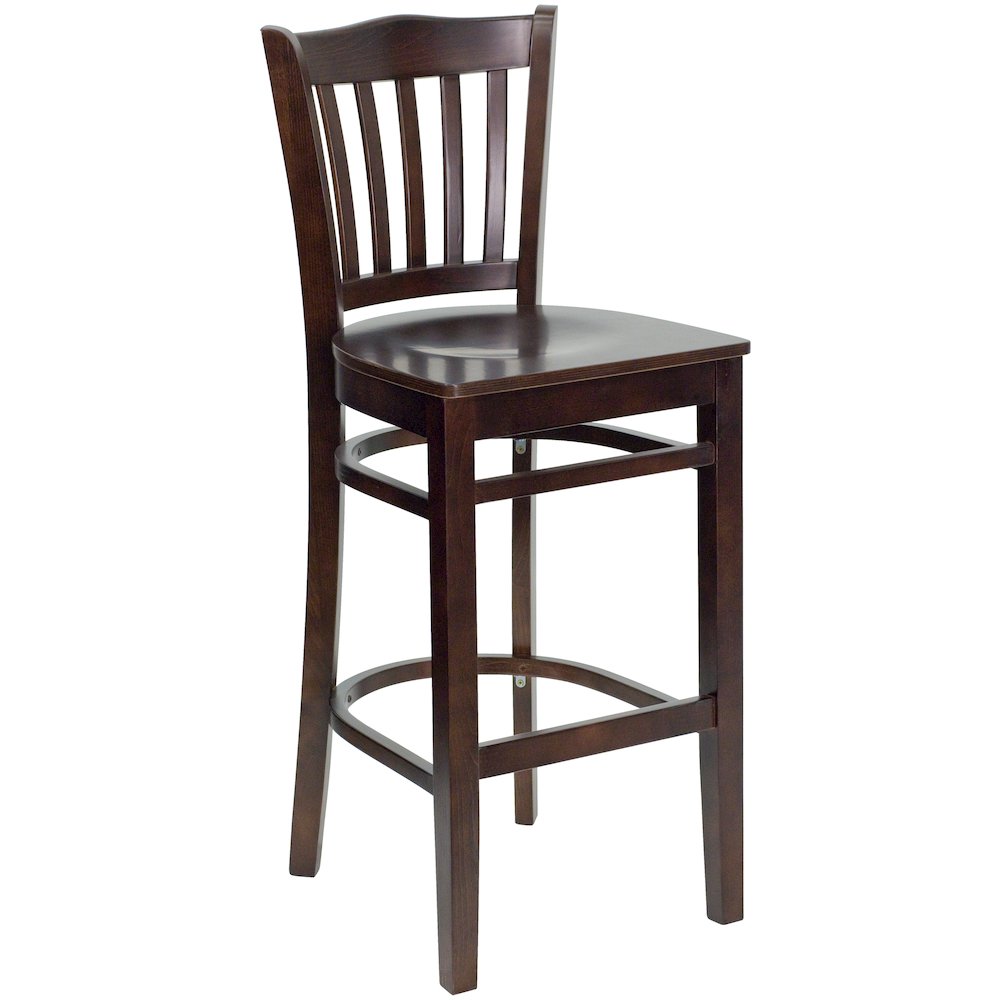 Vertical Slat Back Walnut Wood Restaurant Barstool. Picture 1
