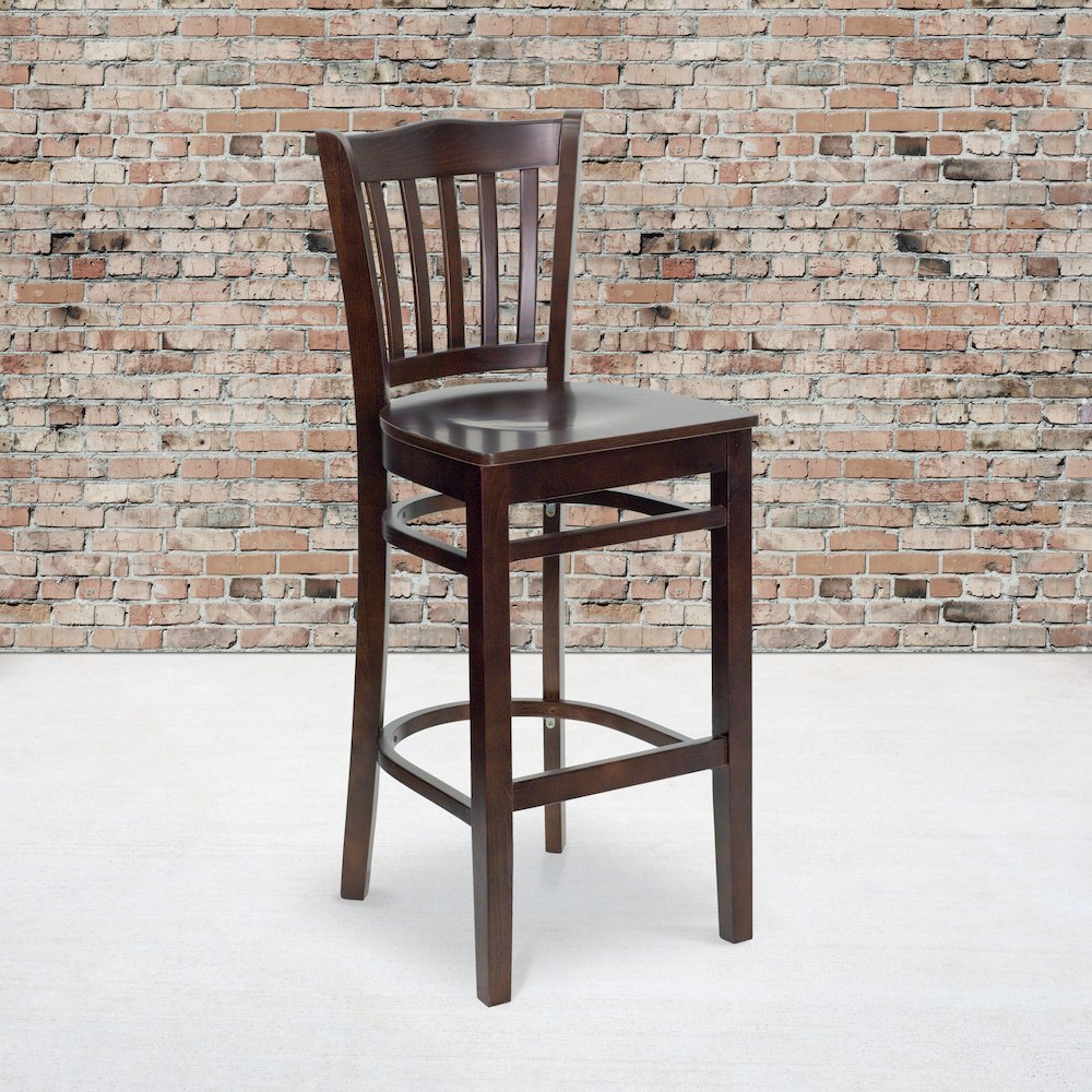 Vertical Slat Back Walnut Wood Restaurant Barstool. Picture 5