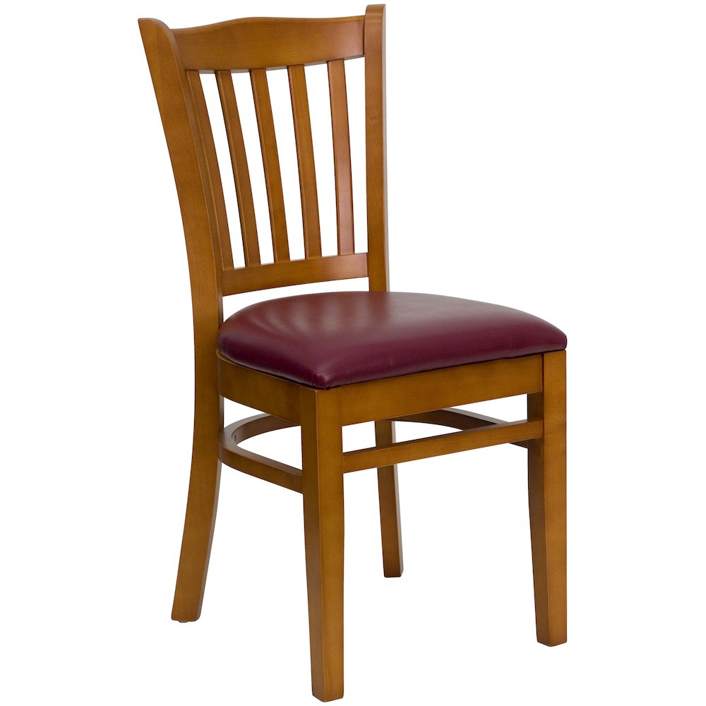 Vertical Slat Back Cherry Wood Restaurant Chair - Burgundy Vinyl Seat. Picture 1