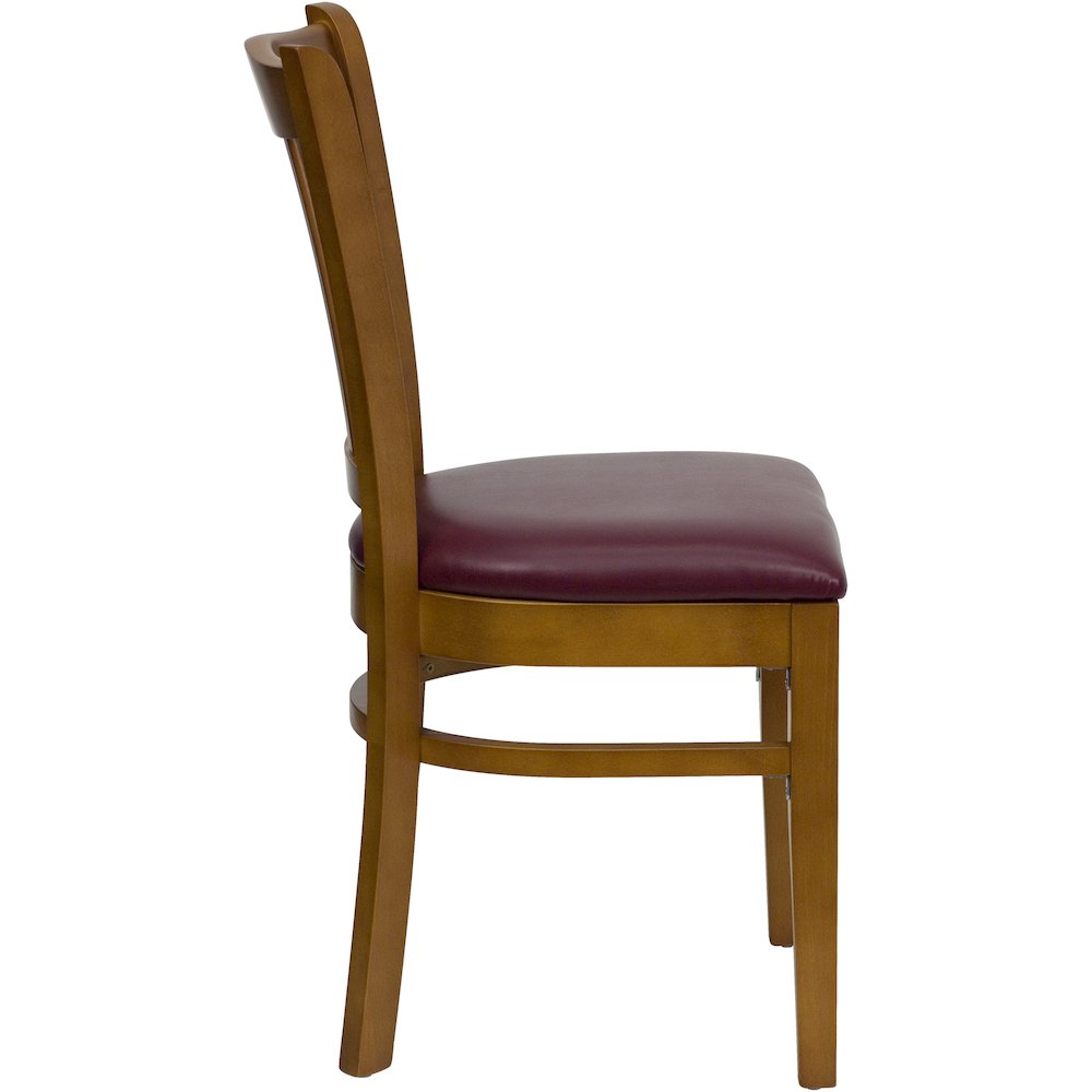 Vertical Slat Back Cherry Wood Restaurant Chair - Burgundy Vinyl Seat. Picture 5