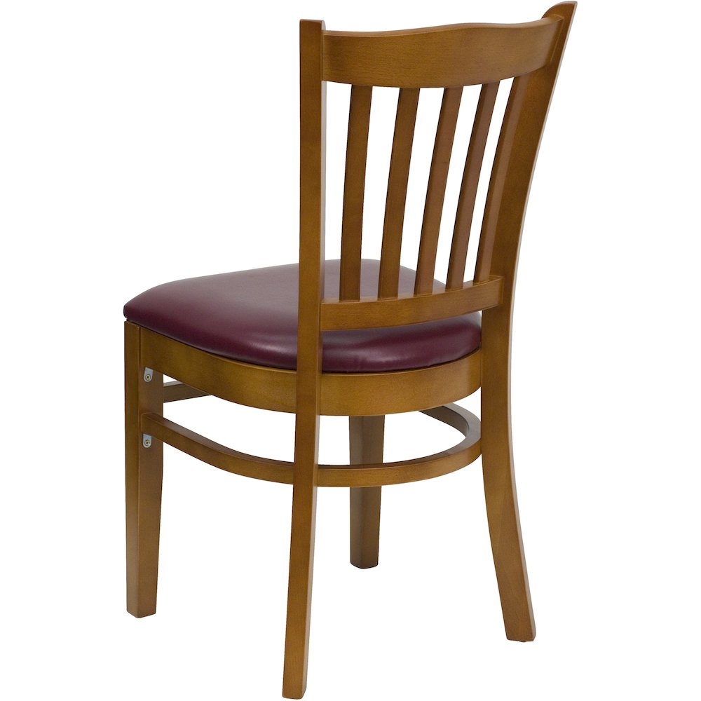 Vertical Slat Back Cherry Wood Restaurant Chair - Burgundy Vinyl Seat. Picture 4