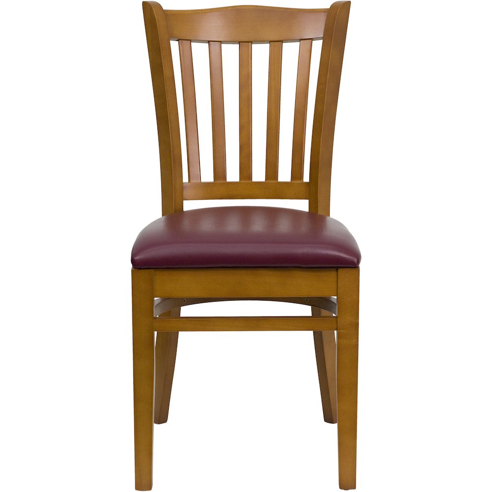 Vertical Slat Back Cherry Wood Restaurant Chair - Burgundy Vinyl Seat. Picture 6