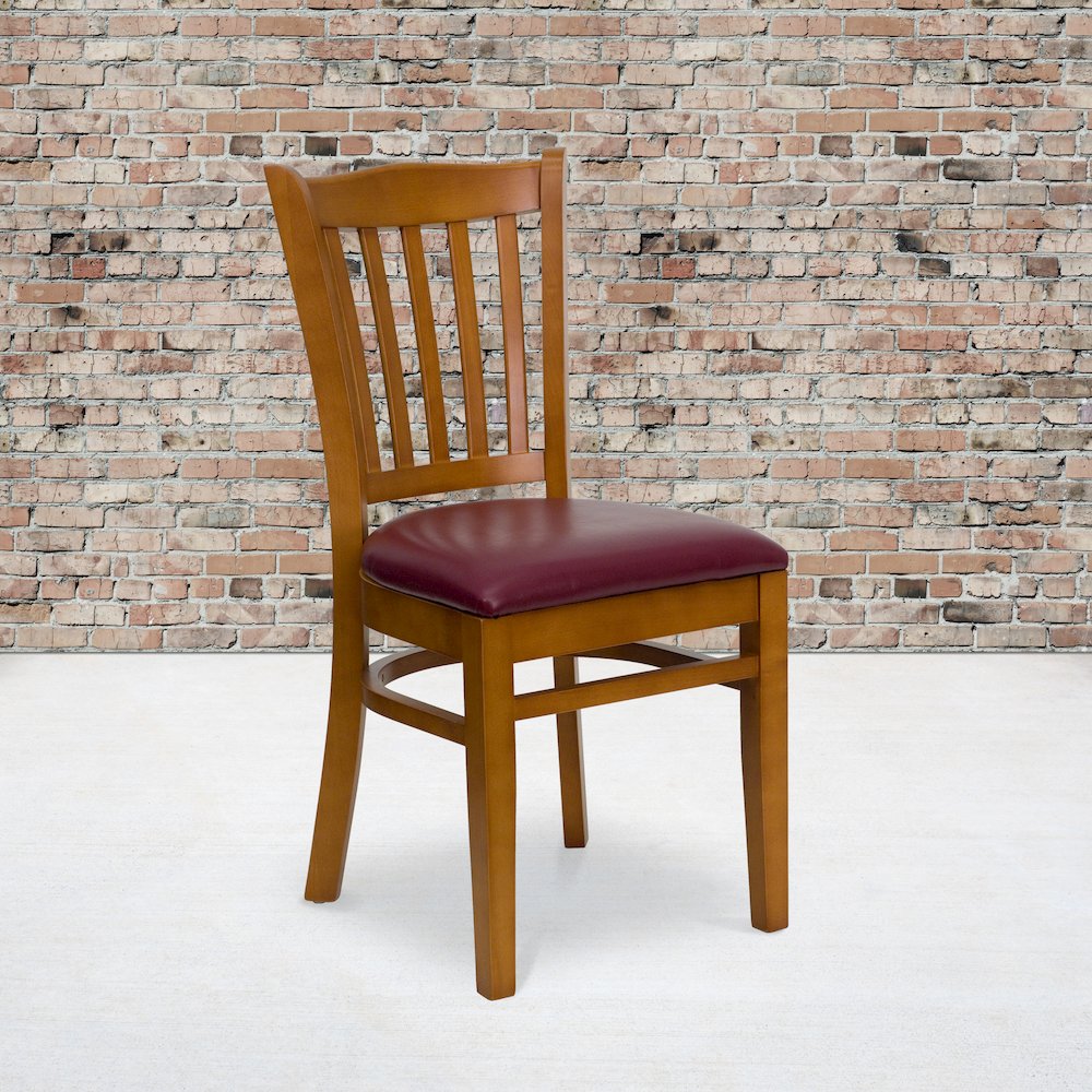 Vertical Slat Back Cherry Wood Restaurant Chair - Burgundy Vinyl Seat. Picture 2