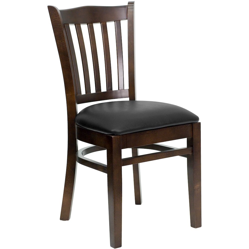 Vertical Slat Back Walnut Wood Restaurant Chair - Black Vinyl Seat. Picture 1