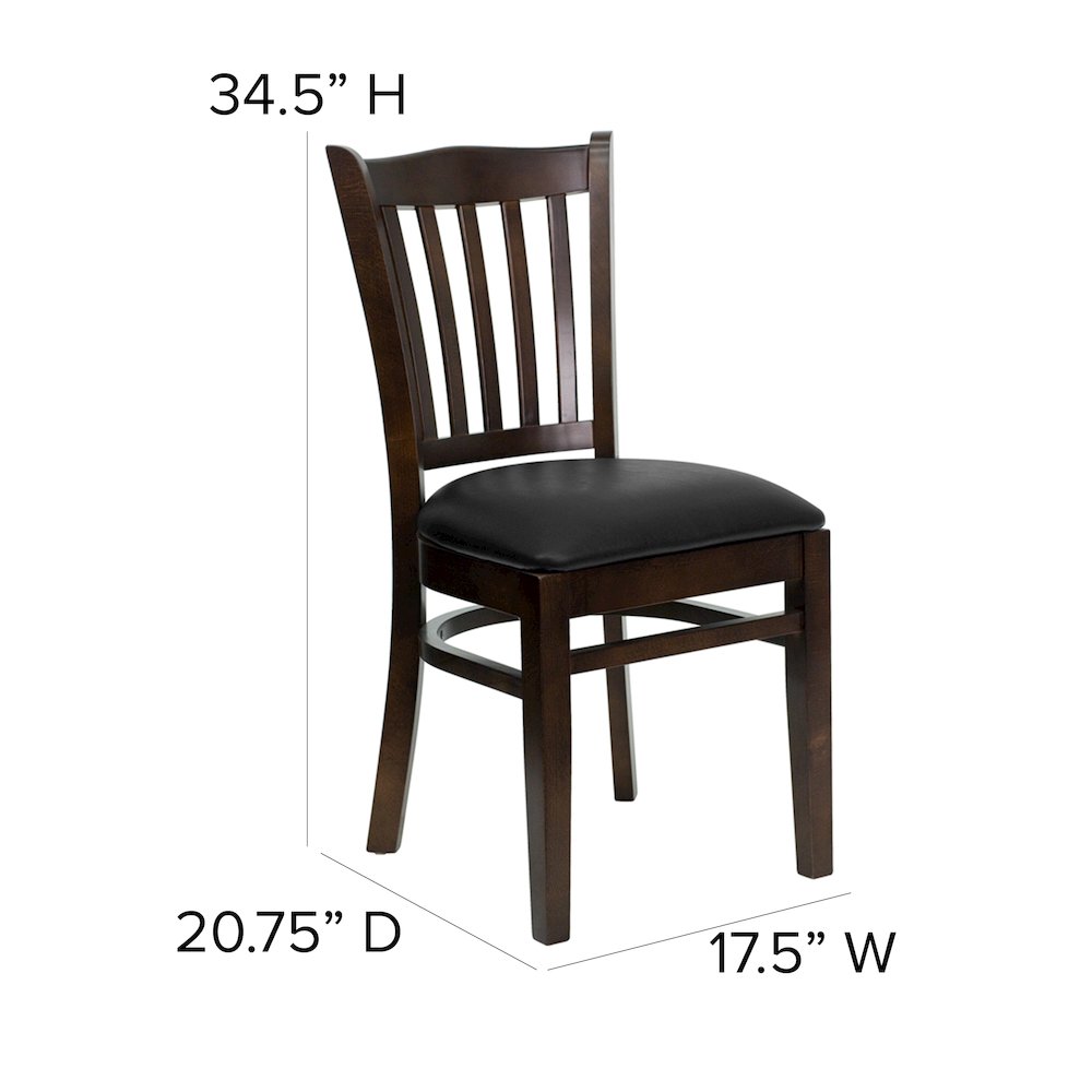 Vertical Slat Back Walnut Wood Restaurant Chair - Black Vinyl Seat. Picture 6