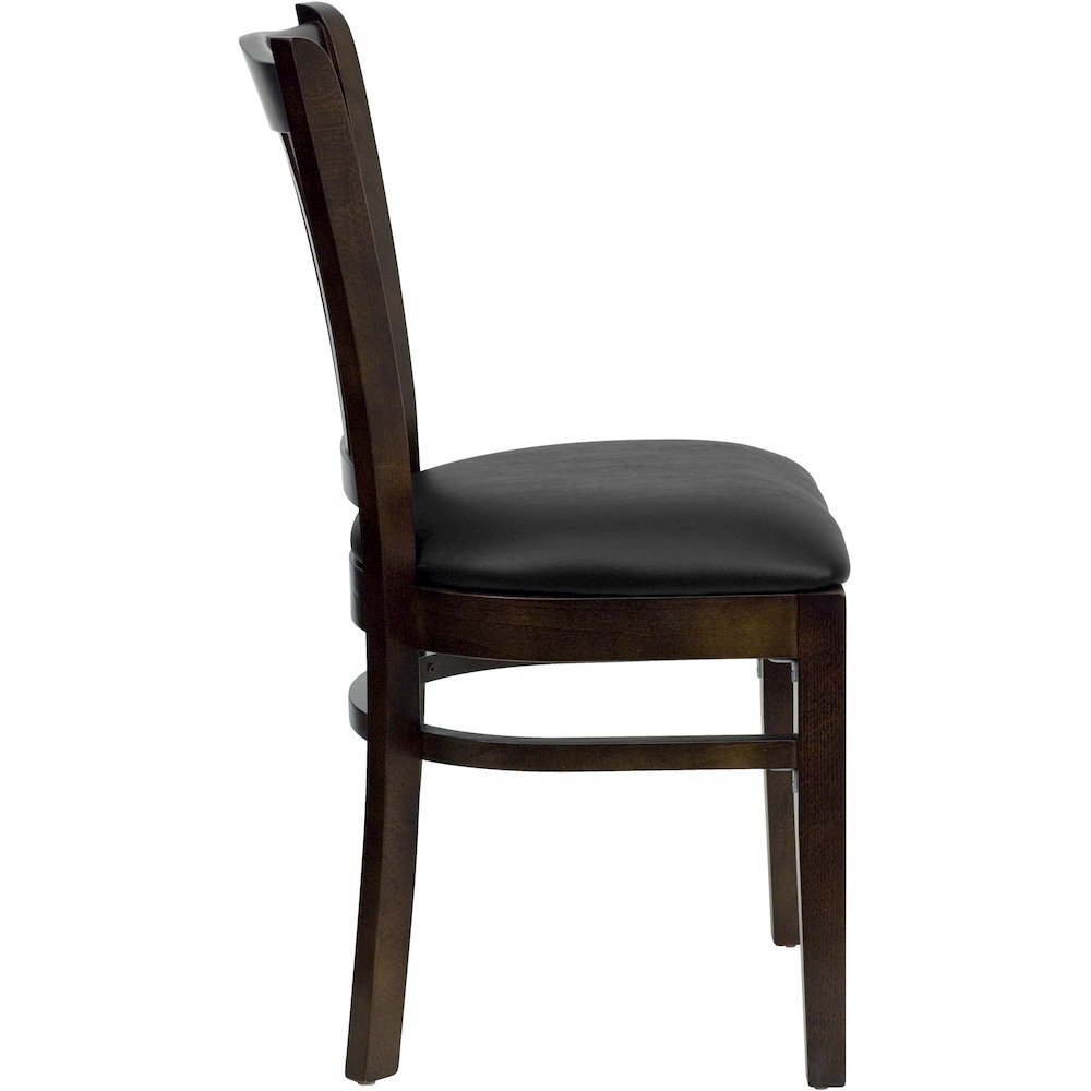 Vertical Slat Back Walnut Wood Restaurant Chair - Black Vinyl Seat. Picture 9