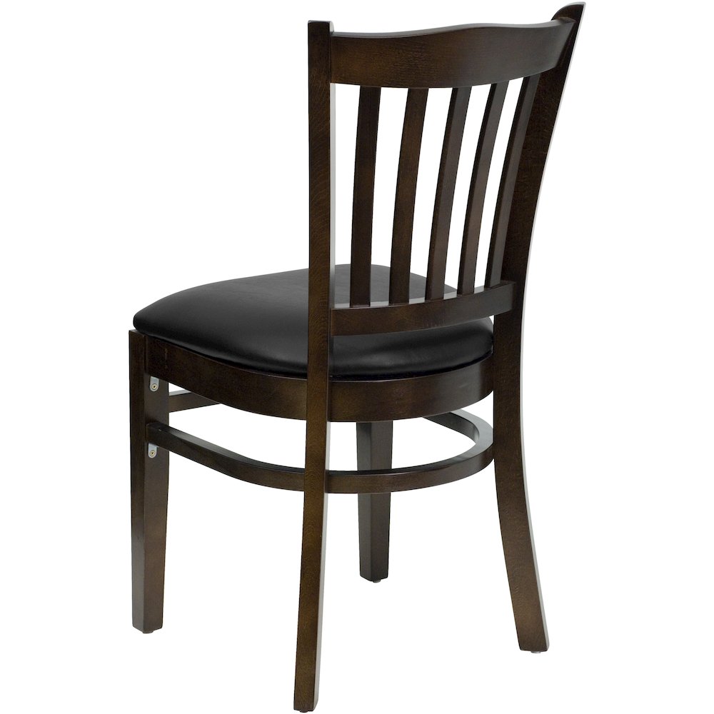 Vertical Slat Back Walnut Wood Restaurant Chair - Black Vinyl Seat. Picture 7